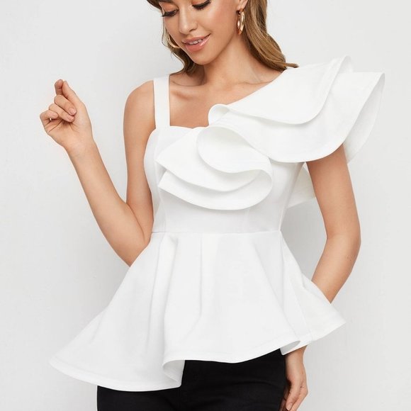 . Tops - White Boho Womens Asymmetrical Neck Ruffle Trim Peplum Top